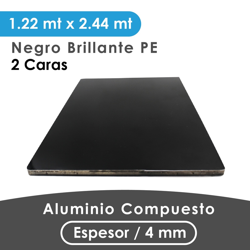 ALUMINIO COMPUESTO ALUKOMP NEGRO AMBOS LADOS BRILLANTE PE 4MM/ 0.18-0.18 / 1.22X2.44 MTS